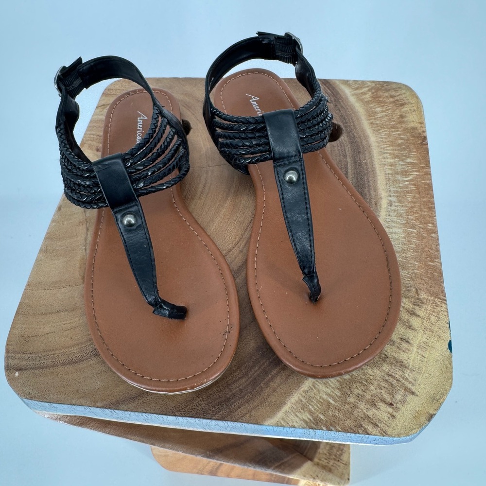 American Eagle Sandals Womens 7.5 Black Braided Strappy Boho Gladiator Flat
